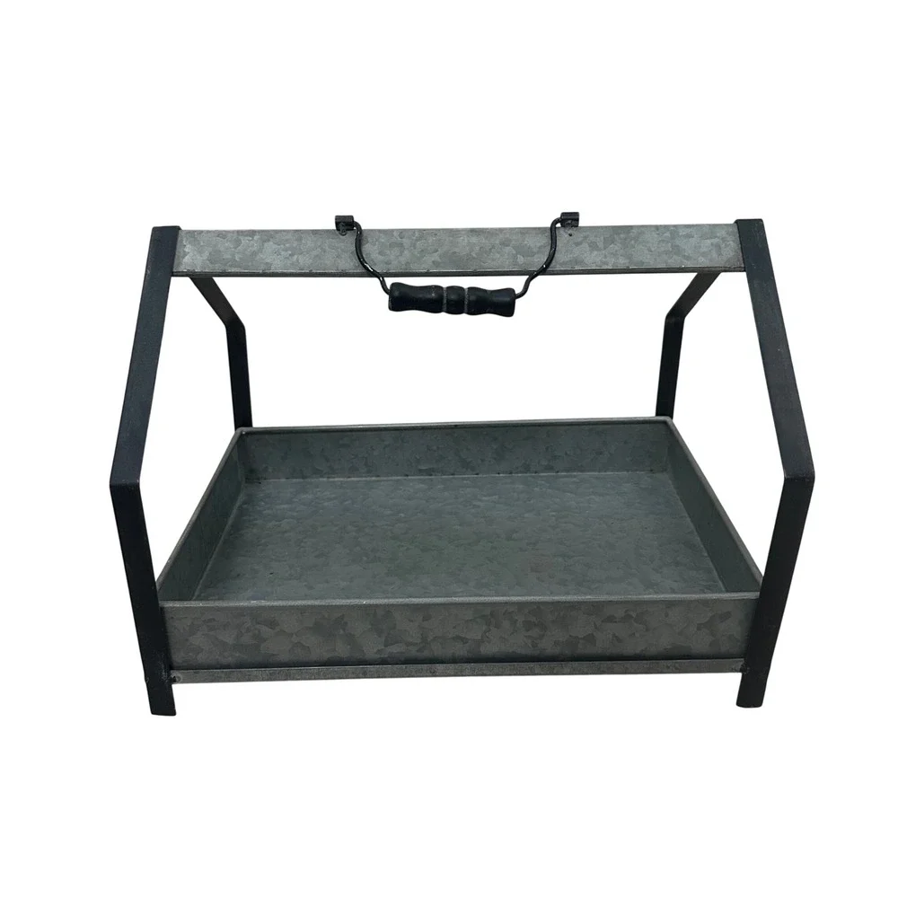Galvanized Metal House Frame Tray‎ Caddy with Wood Handle Farmhouse Decor Gray
